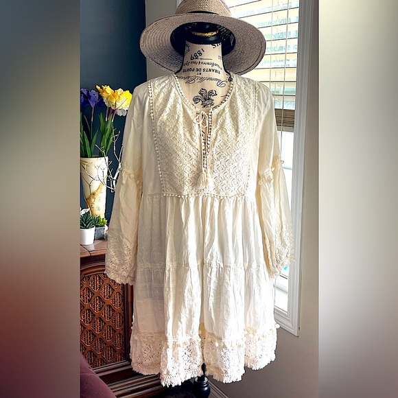 Jeune Jeunesse Cream Colored Boho Style Mini Dress Size L-XL - Picture 1 of 15